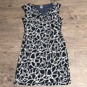 Anne Klein Navy Blue White Abstract Print Cowl Neck Sheath Dress Womens 14